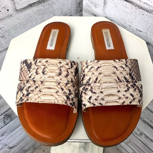 Steve Madden Croc Embossed Faux Leather Slip On Flat Slide Sandals - Picture 1 of 11